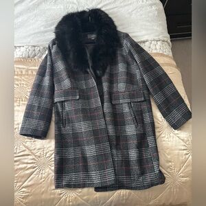 Liz Claiborne Black and Red Plaid Pea Coat with Faux Fur Collar